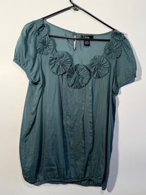 YA-DA Women's Teal Rosette Puff Sleeve Blouse in Size Large